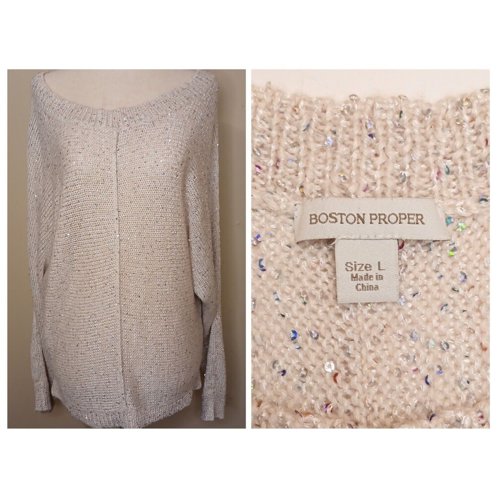 Boston Proper Sz L Cream Multicolor Sequined Sweater Open Knit Light Weight EUC